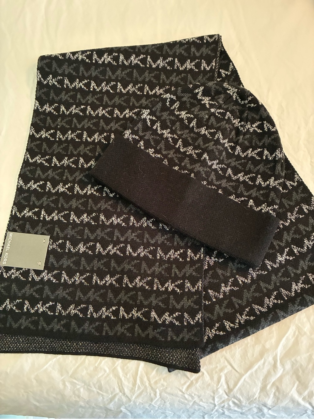 Michael Kors Black & Gray MK Logo Knit Scarf and Hat Set